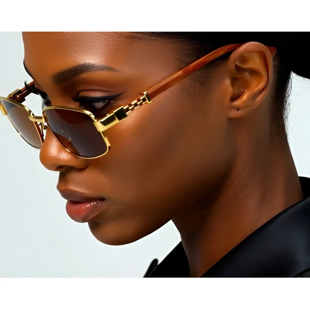 Gold Frame‎ Sunglasses Wood Arms Rectangular Lens Women Fashion Eyewear Trendy